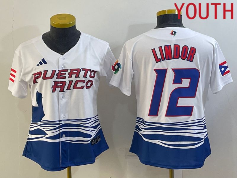 Youth 2023 World Cub Puerto Rico #12 Lindor White MLB Jersey1->youth mlb jersey->Youth Jersey